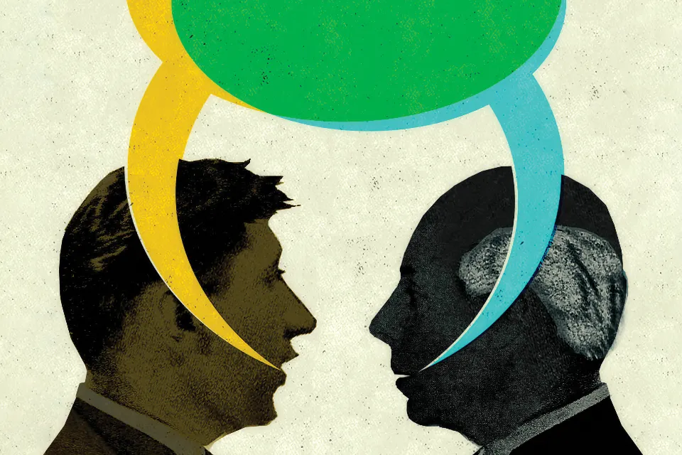 Lead illustration for article, showing two people talking with speech bubbles.