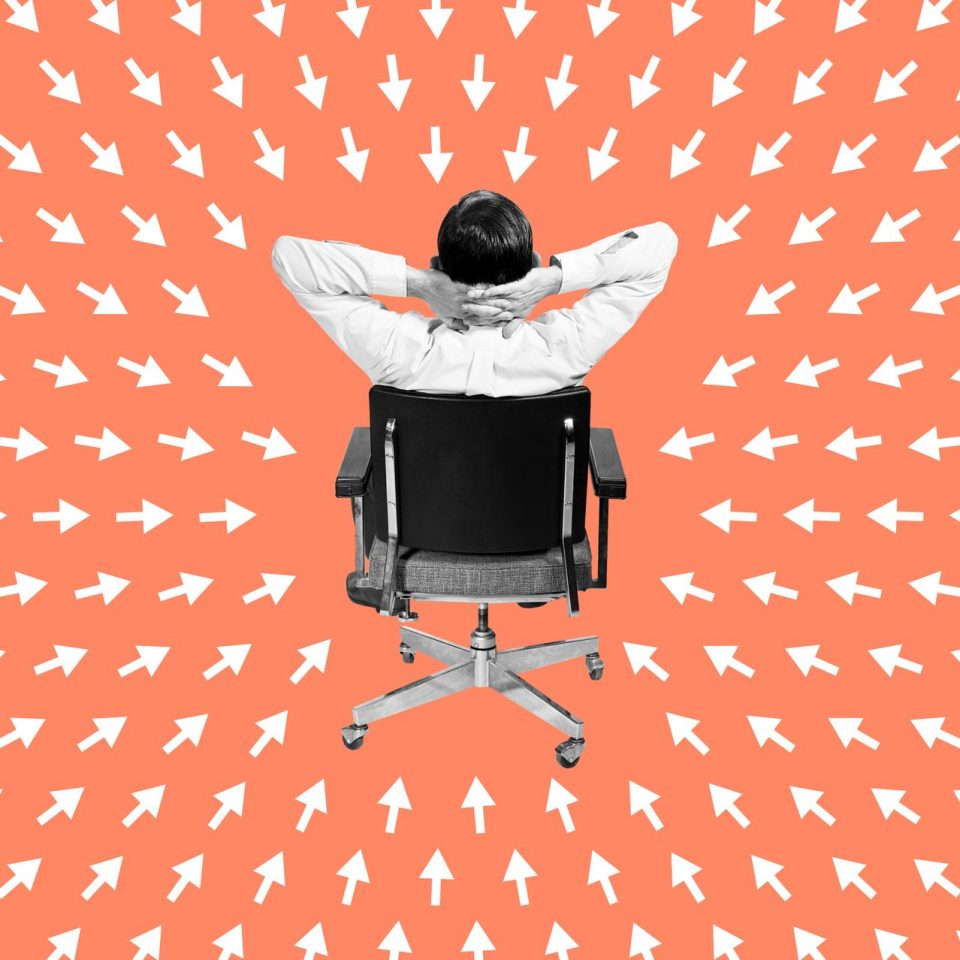 Lead illustration for article, showing disengaged worker leaning back in swivel chair