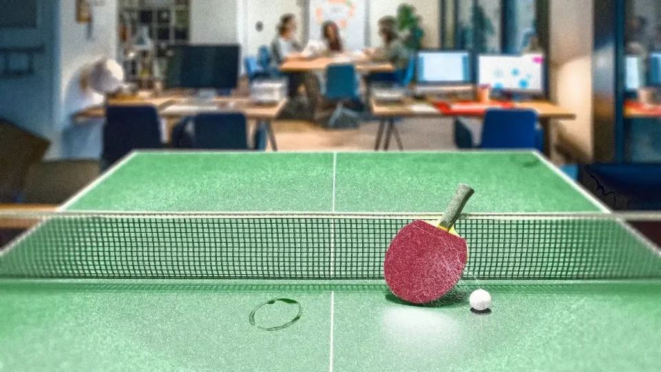 Lead illustration for article, showing a ping-pong table, paddle and ball.